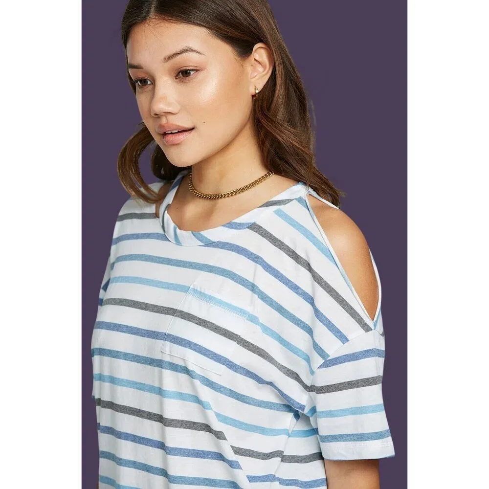 Chaser Recycled Striped Short Sleeve Top Women Size Small Pocket Vented Shirt - Picture 6 of 7
